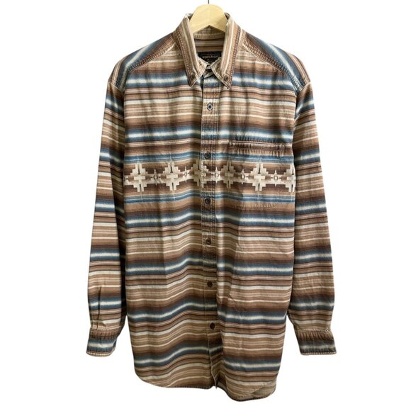 Vintage Woolrich Southwestern  Print Button Up Shirt Brown L Distressed Western - Picture 1 of 9